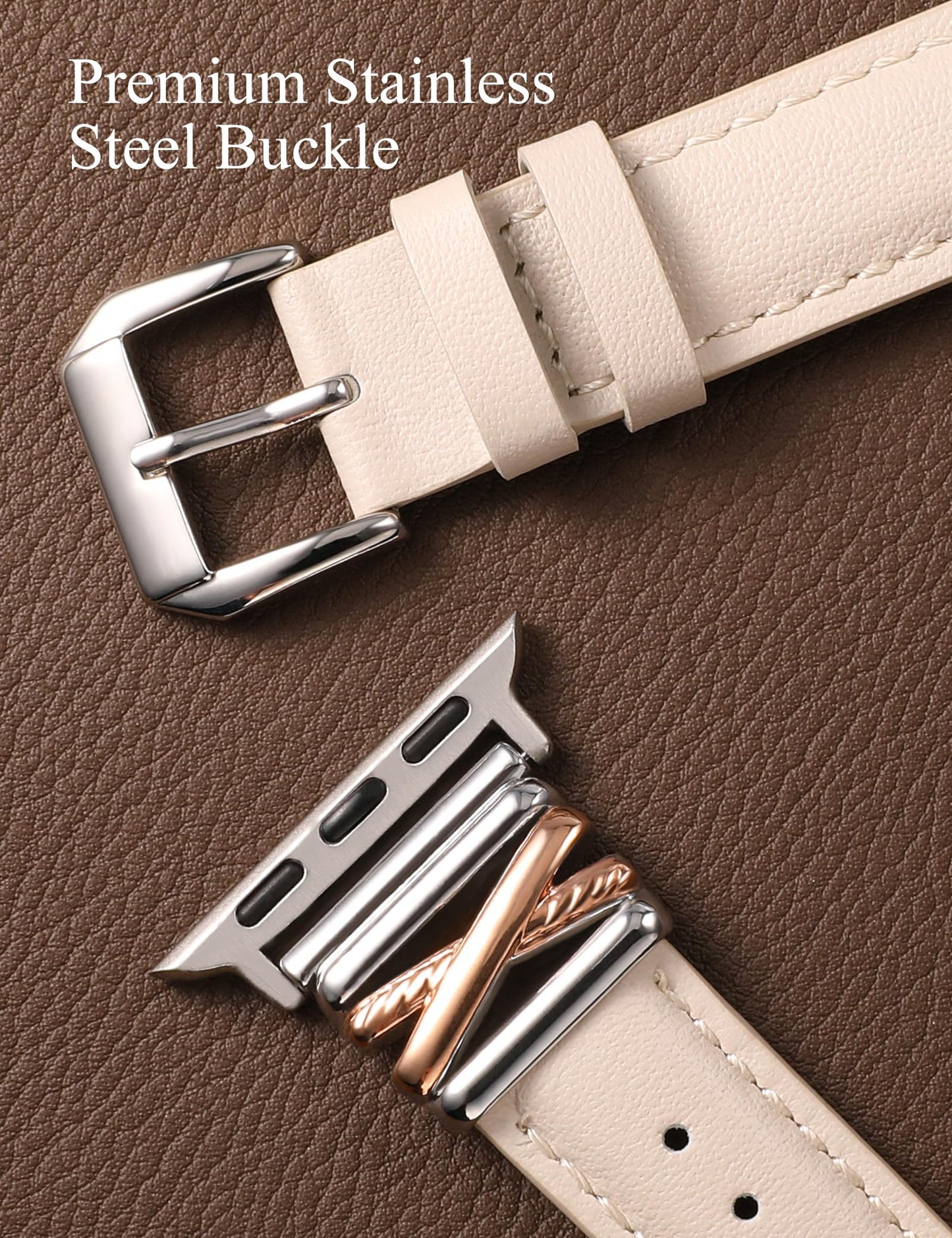 Minyee Leather Band Compatible with Apple Watch 38/40/41/42mm Women, Dressy Slim Premium Leather Strap with X-Shape Metal Buckle for iWatch Series 11 10 9 8 7 6 5 4 SE/Ultra 3 2 1, Rose Gold/Sliver
