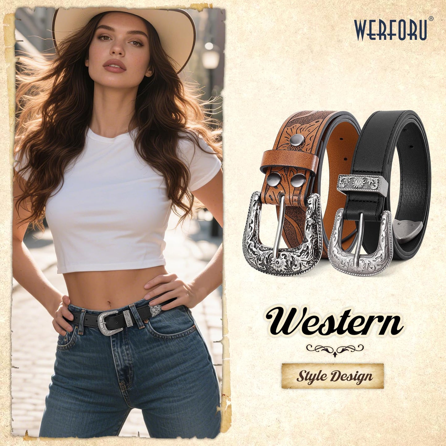 WERFORU 2 Pack Women Western Leather Belts for Jeans Western Belts with Big Buckle Country Belts for Cowgirls