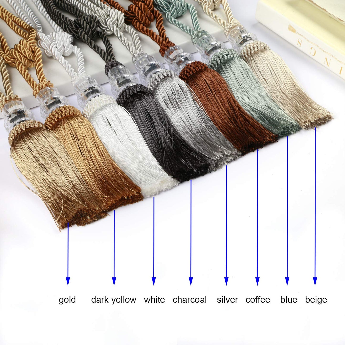 Fenghuangwu Tassel Curtain Tiebacks Handmade Curtain Tie Backs, Elegant Crystal Curtain Holdbacks for Home Office Decor (Charcoal, 2P)