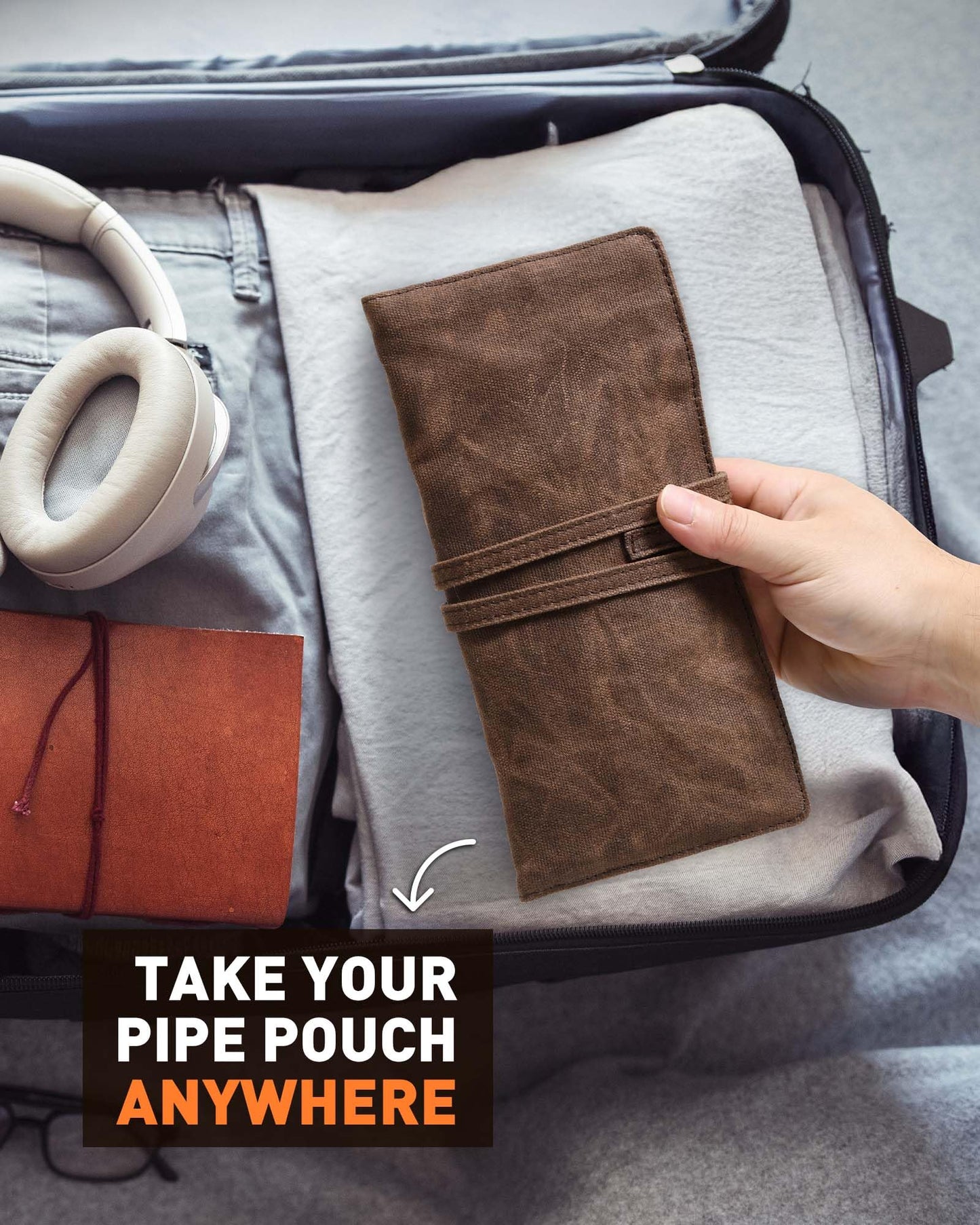 BS-VOG Waxed Canvas Tobacco Pouch for 2 Pipes, Smoking Tobacco Pipe Pouch with Foldable Stand, Smoking Case Bag Accessories Storage Organizer for Travel, Daily Use & Gift (Pipes Not Included)