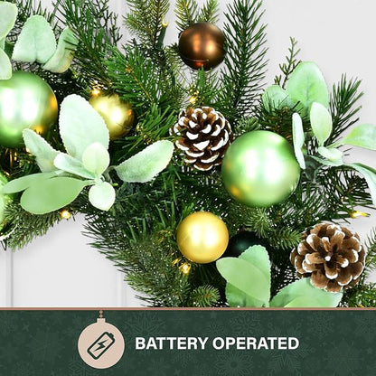 Fraser Hill Farm 24-in. Prelit Holiday Wreath with Pinecones and Metal Ornaments, White Micro-LED Light-Up Design for Indoor or Covered Outdoor Use on Porch, Patio, Kitchen