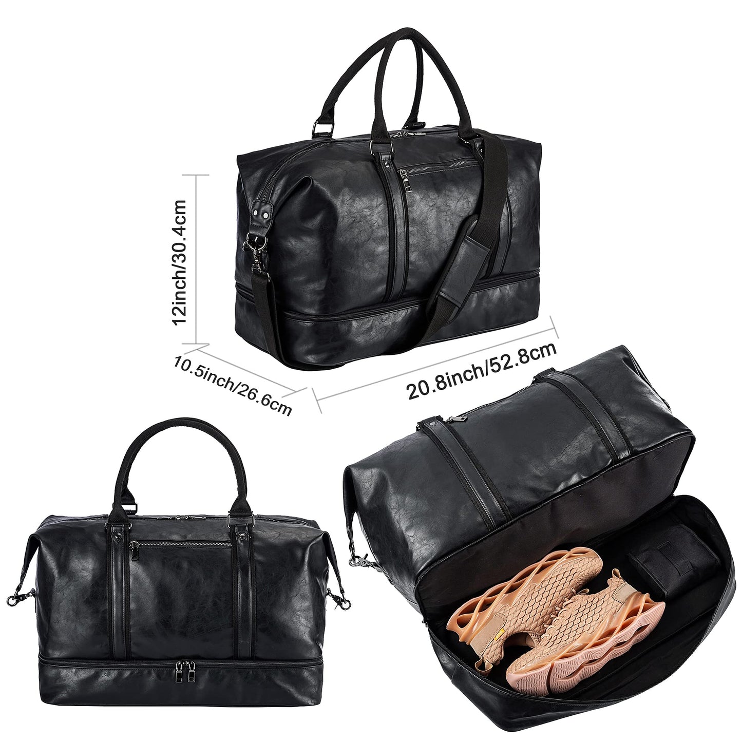 Leather Travel Bag with Shoe Pouch,Weekender Overnight Bag Waterproof PU Leather Large Carry On Bag Travel Tote Duffel Bag for Men or Women-Black