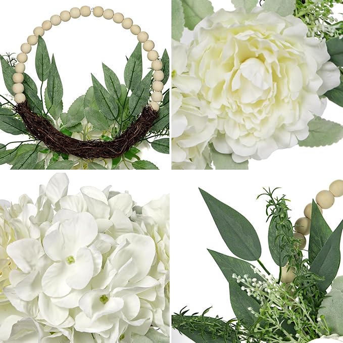 Spring Wreaths for Front Door 10" Artificial Floral Wood Bead Wreaths Eucalyptus Leaves Peony Hydrangea Wreaths for Front Door Boho Farmhouse Wall Decor 2 Pack - White
