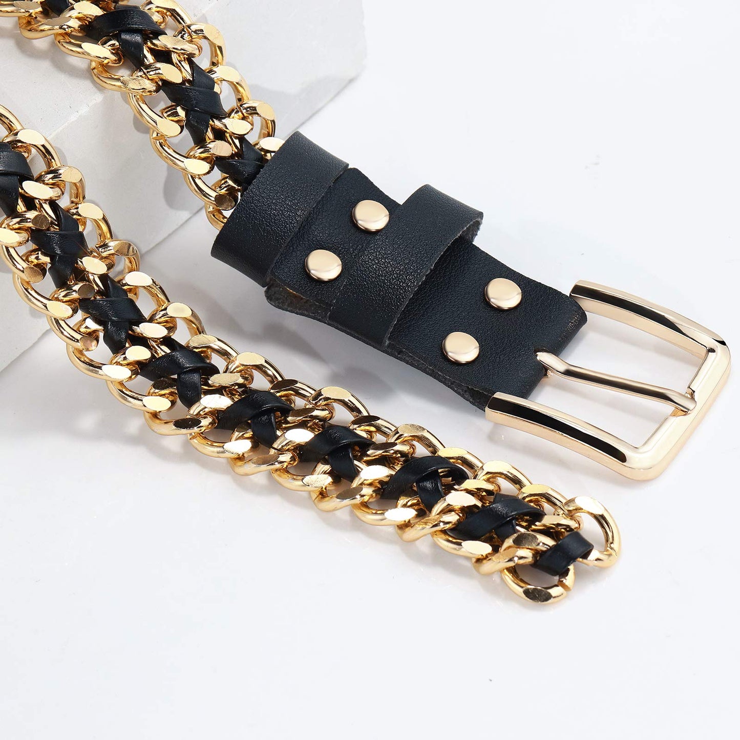 Glamorstar Gold Metal Punk Belts Leather Chain Waist Belt for Women Dresses Gold Black 105CM/41.3IN