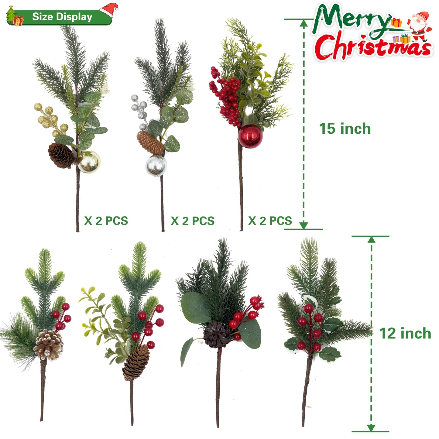 Gudegou 10 Pack Christmas Tree Picks with Gold Slive Ornaments,12-15Inch Red Derry Stems with Pinecone for Floral Arrangements DIY Crafts