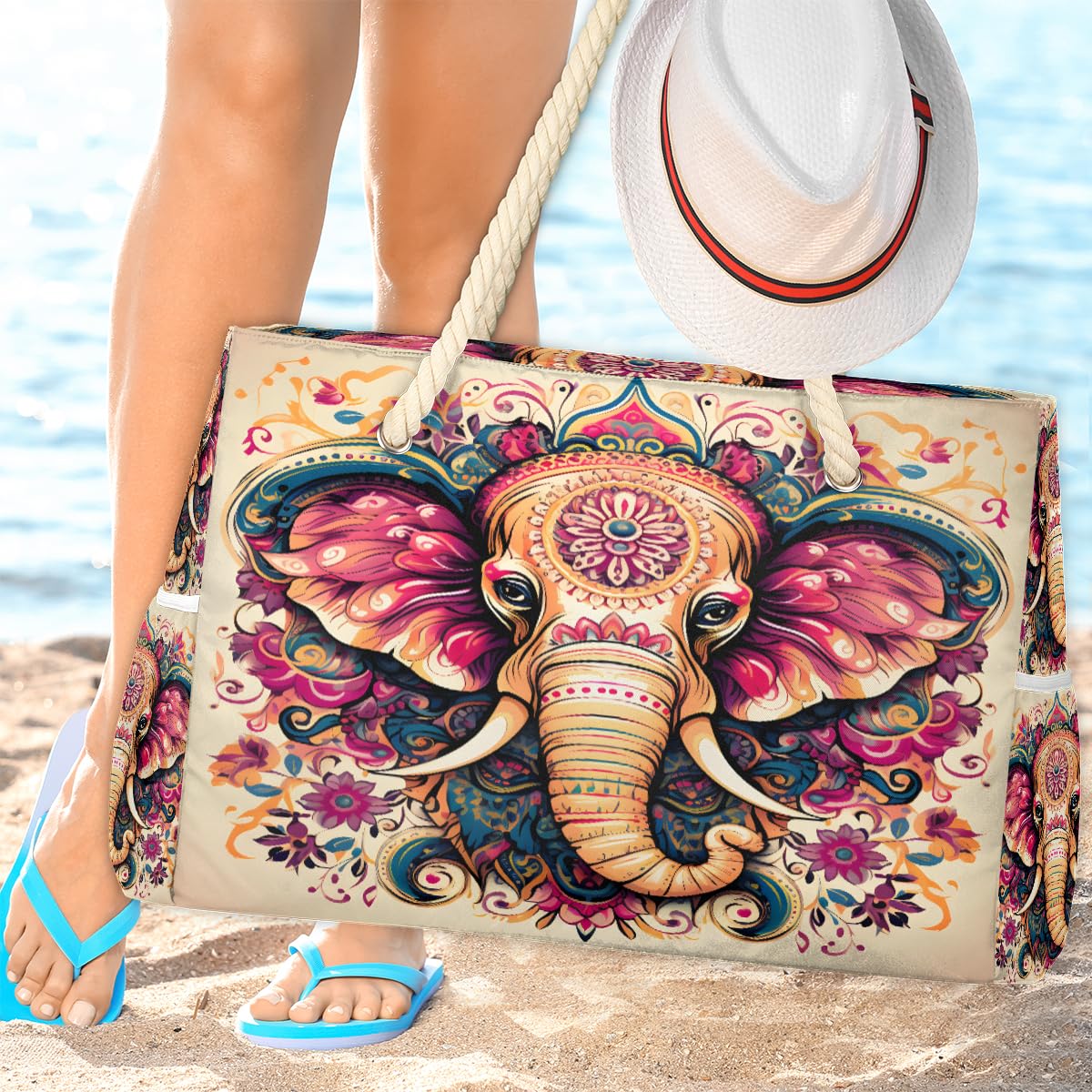 ModaQua Elephant Floral Splendor Beach Bags Waterproof Sandproof for Women, Large with Zipper Pool Beach Tote Reusable Grocery Shoulder Bag for Swim Travel Shopping Vacation Picnic