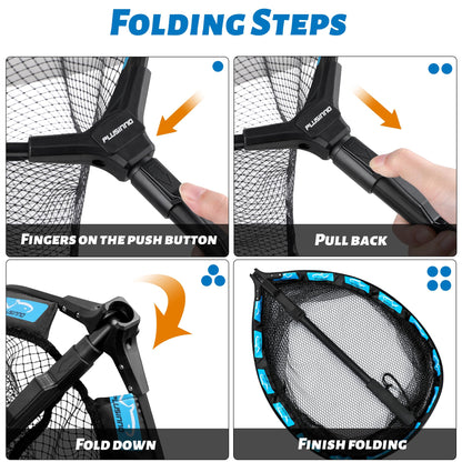 PLUSINNO Fishing Net Fish Floating Landing Net, Kayak Nets with Fixed Foldable Telescopic Pole Handle, Bass Trout Fishing Nets with Nylon Mesh for Pond Lake River, Fishing Gear Gifts for Men,Blue 1.5M