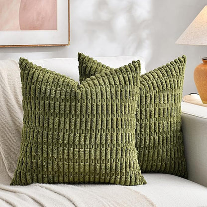 Fancy Homi 1 Pack Boho Moss Green Decorative Throw Pillow Covers 16x16 Inch for Couch Bed Sofa, Rustic Modern Farmhouse Home Decor, Soft Plush Corduroy Cute Square Cushion Case 40x40 cm