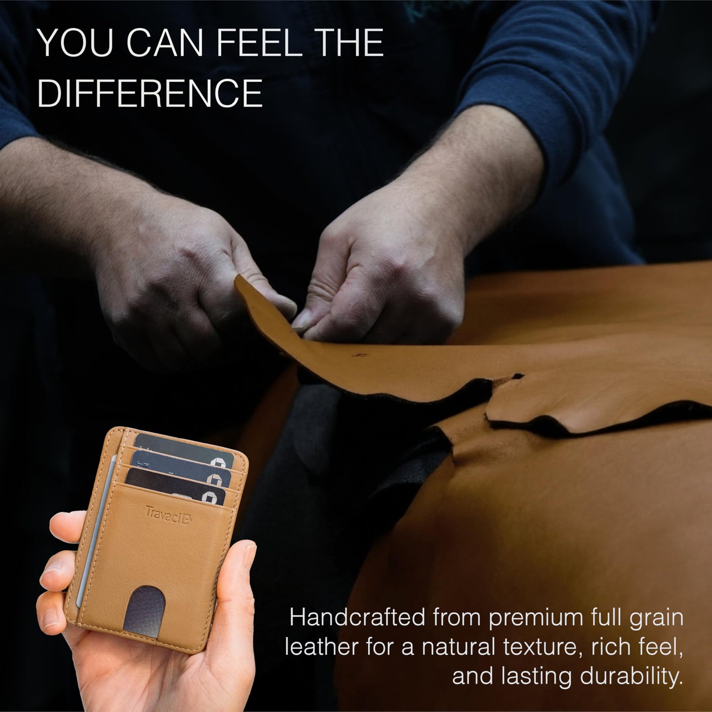 Travaci Full Grain Leather Slim Wallet for Men and Women - Small Minimalist Wallet and Leather Card Holder - Thin Front Pocket Credit Card Holder - Camel