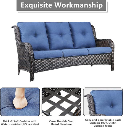 Rilyson Wicker Patio Furniture Set - 7 Piece Rattan Outdoor Sectional Conversation Sets with 2 Rocking Swivel Chairs,2 Ottomans,2 Sofa and 1 Coffee Table for Porch Deck Garden(Brown/Blue)
