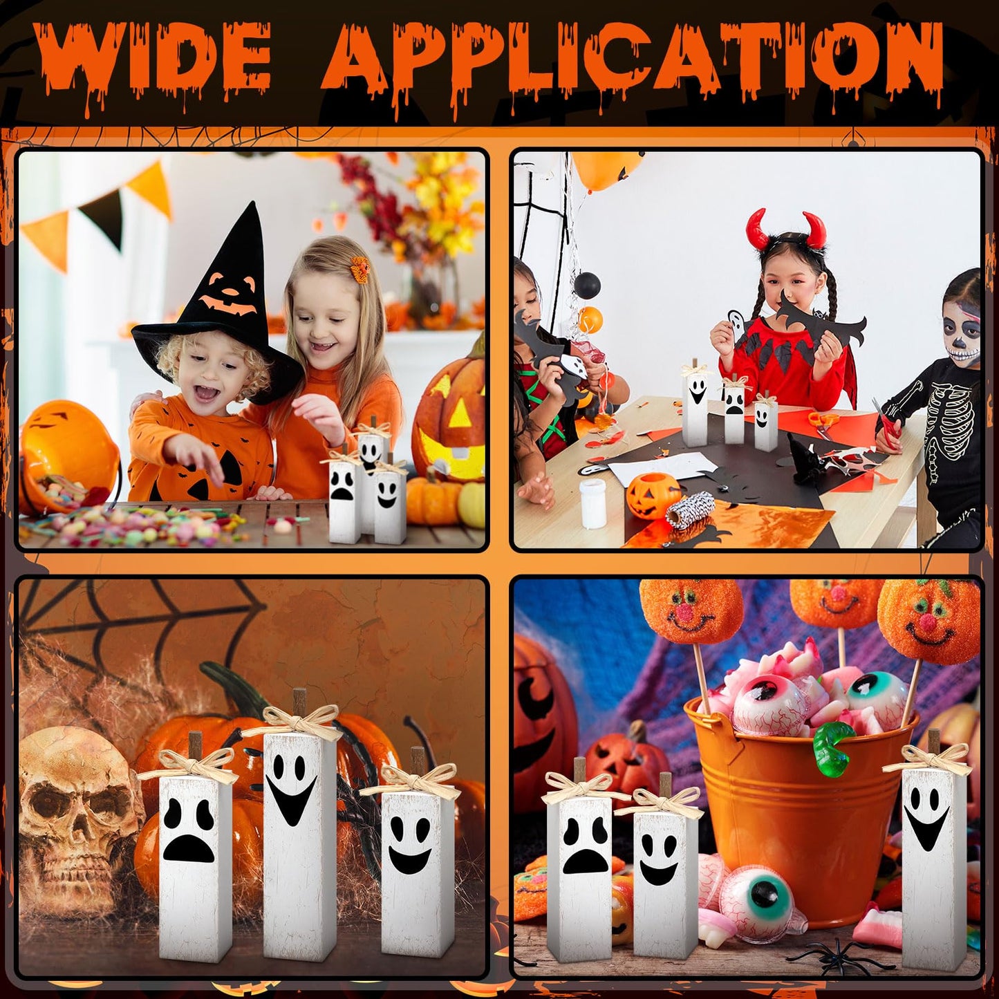 Amyhill 3 Pcs Halloween Table Decoration Wooden Ghost Block Sign Halloween Tiered Tray Decor Rustic Spooky Tabletop Centerpieces for Home Office Mantel Fireplace Shelf Party Decorations Holiday Gift