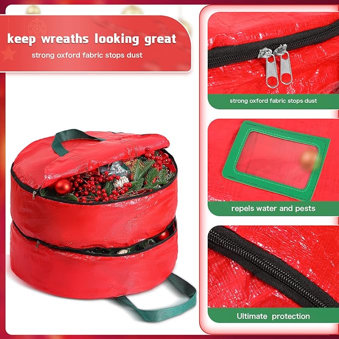 Double Layer Christmas Wreath Storage Container Bag Wreath Storage Pure Color Seasonal Garland Holiday Container Festive Box with Dual Zippers and Handles for Xmas(24 Inch,Red)