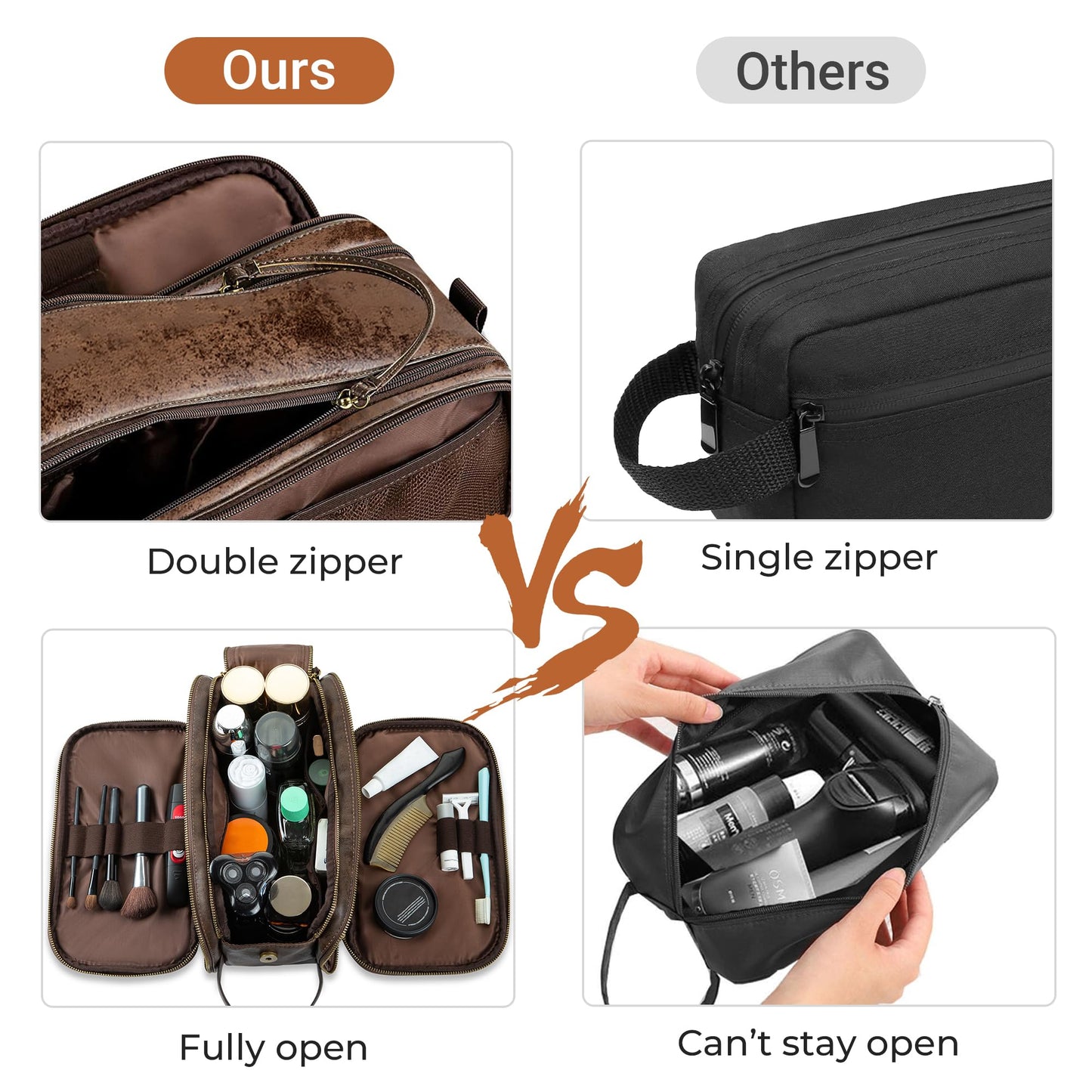 Elviros Toiletry Bag for Men, Large Travel Shaving Dopp Kit Water-resistant Bathroom Toiletries Organizer PU Leather Cosmetic Bags Fathers Day Gift (Medium, Chocolate)