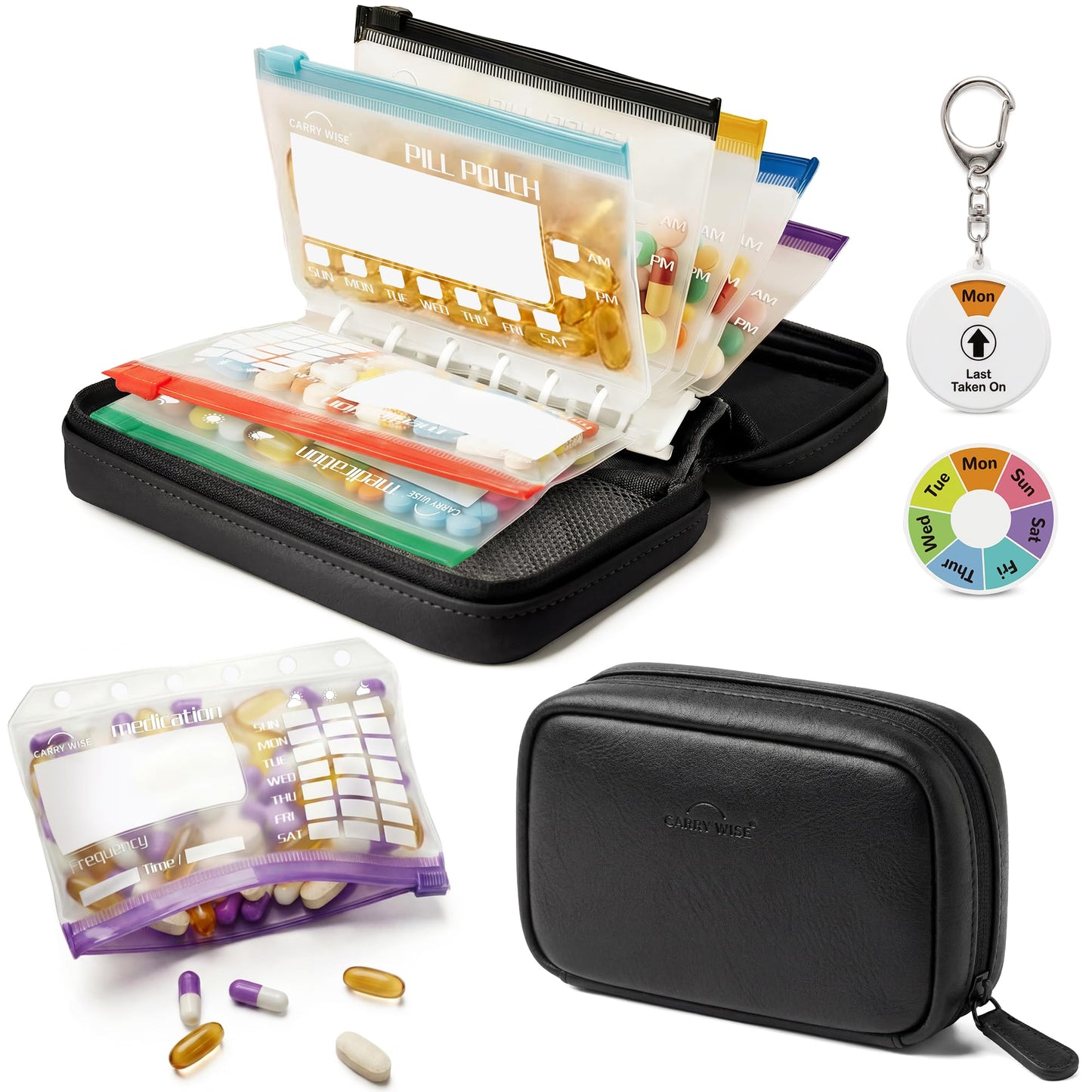 Weekly Pill Organizer,Vegan Leather Travel Medicine Bag - Pill Container with 7 Color-Coded Resuable Waterproof Pills Pouches, Dual-Sided Labeling Design & Reminder Spinner for Vitamins, Supplements