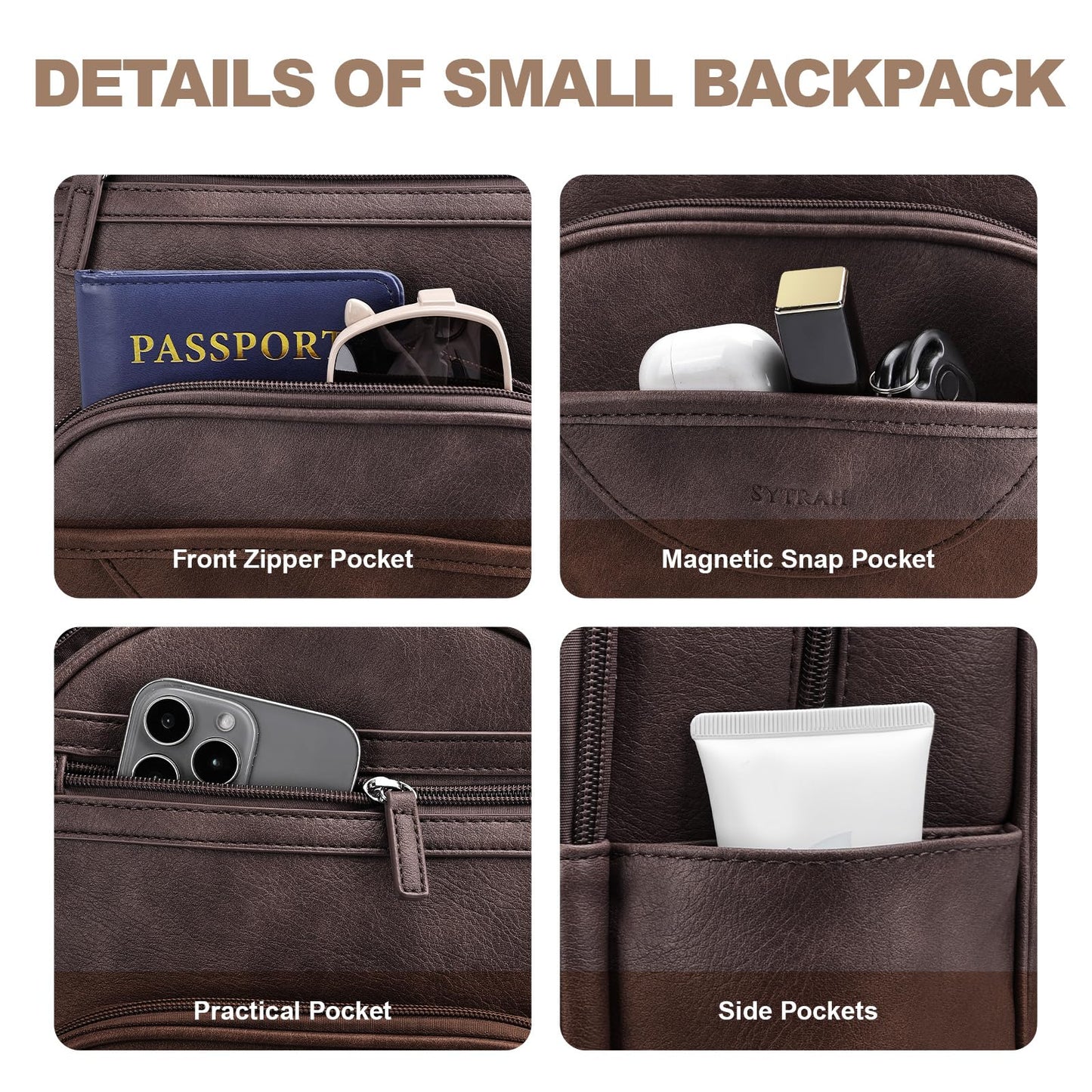 SYTRAH Small Backpack Purse for Women, Mini Backpack Vegan Leather with RFID Blocking & Tablet Pocket, Cute Shoulder Handbag for Travel, School & Work Coffee Brown