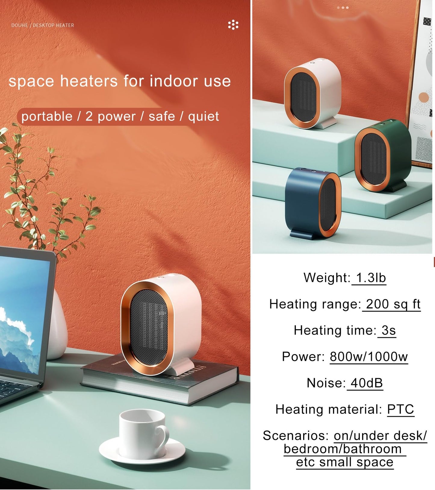electric space heaters for indoor use: plug in portable small room heater with fan for bedroom bathroom camping | 1000 watt mini heater for office under desk table quiet 300 sq ft air heat