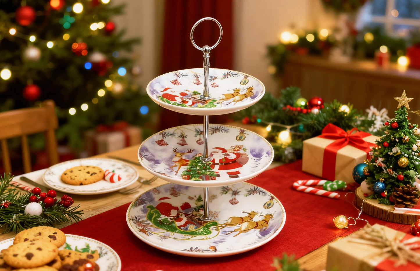 3-Tier Round Porcelain XMAS Cake Fruit Stand Plates with Gift Box, Cupcakes Serving Display Set, Christmas White Pastry Tray Towers Platter for Desserts Appetizer Candy Buffet for Wedding & Home Party