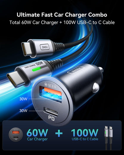 INIU Car Charger, Cigarette Lighter USB Charger Total 60W, 12V USB Socket with [1m] 100W Type C Cable Fast Charge, Car Phone Charge Adapter for iPhone 17 16 Samsung Laptops Switch 2 Car Accessories