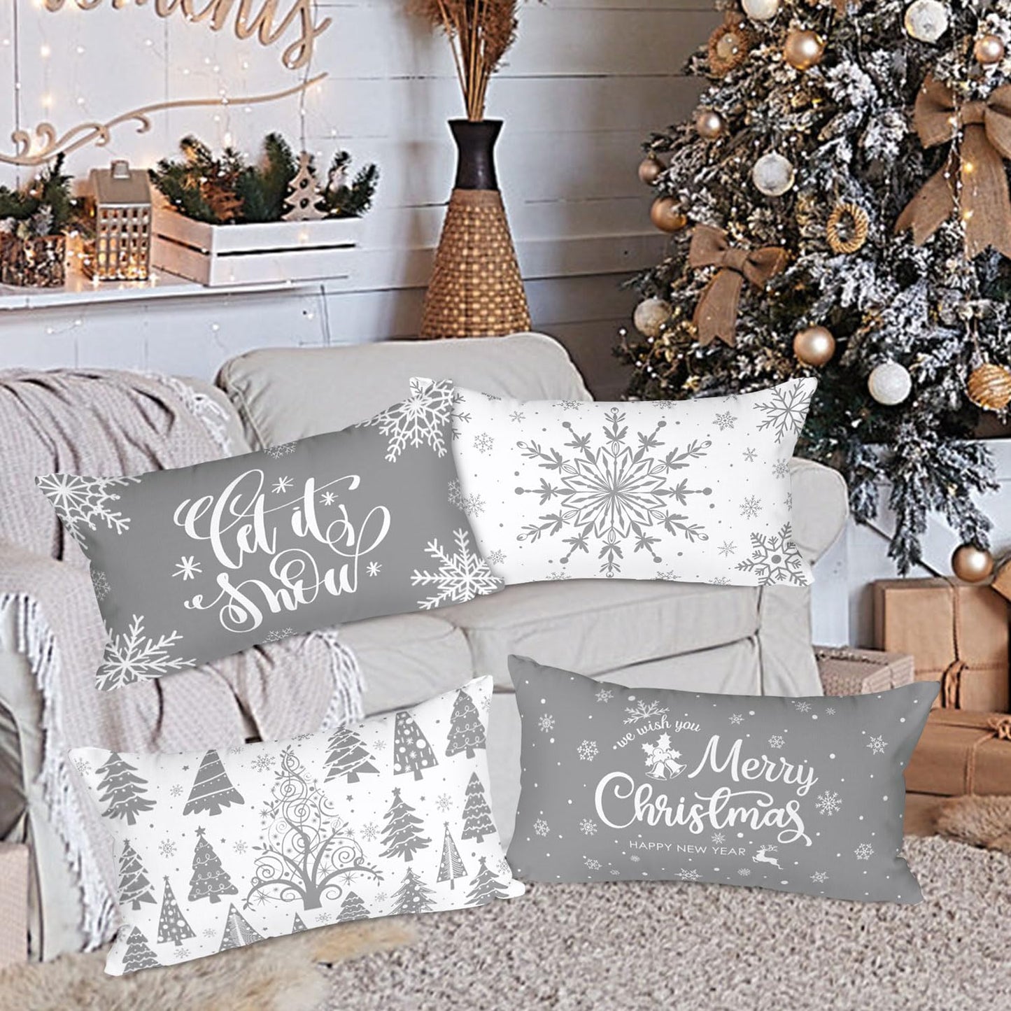 Lanpn White and Grey Christmas Lumbar Throw Pillow Covers 12x24 Set of 4, Decorative Long Gray Winter Snowflake Xmas Cushion Covers Pillow Cases for Home Bedroom Room Holiday Couch Decor Decorations