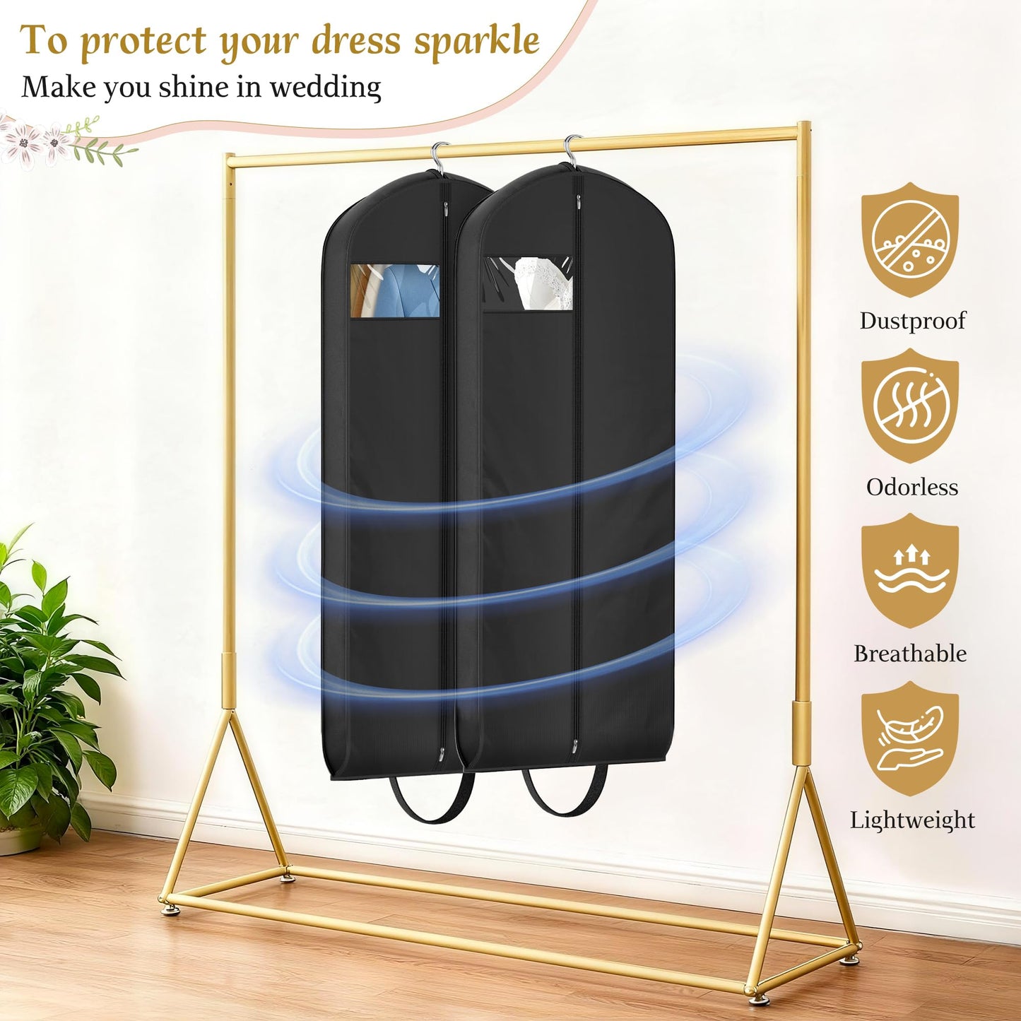 KEETDY Wedding Dress Garment Bag for Travel with 4" Gusseted Long Hanging Dress Bags for Gowns for Women Garment Cover Clothes Storage for Closet (Black, 72 inch)