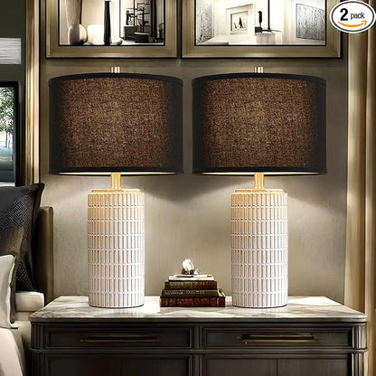 23'' Set of 2 Modern Ceramic Table Lamps, Minimalist Bedside Lamp, Rustic Nightstand End Table Lamp for Bedroom, Living Room, Study Room, Office, 2 LED Bulbs Included (Black)