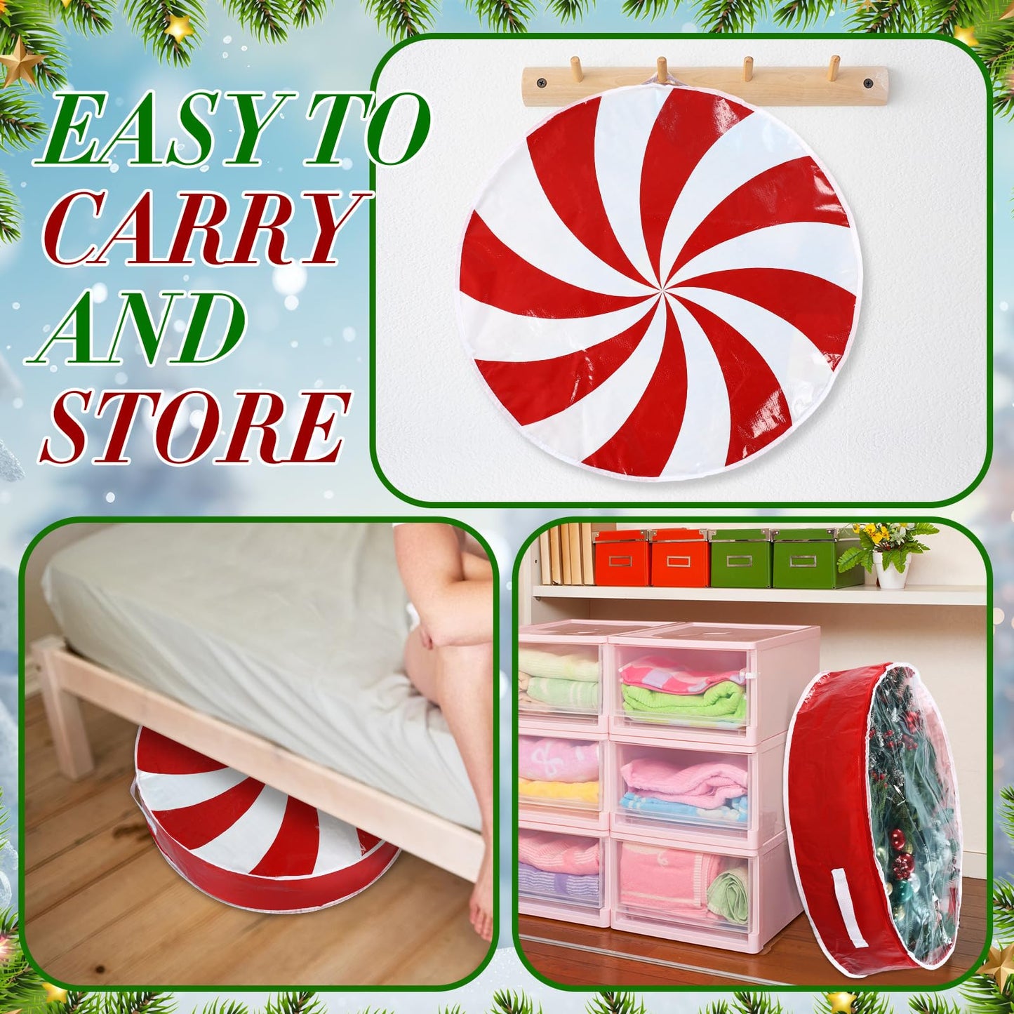 Yoojahow 4 Pcs 24 Inch Christmas Wreath Storage Bag Candy Cane Wreath Storage Container Clear Window Dual Zipper Handle Red White Peppermint Garland Organizer for Holiday Decoration, Cute Lollipop