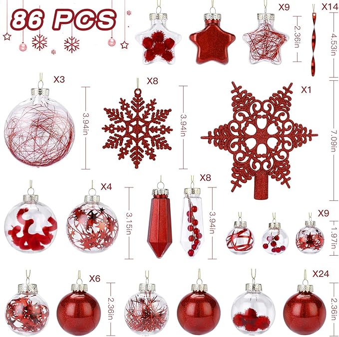 SHareconn 86PCS Christmas Balls Ornaments Set,Shatterproof Plastic Clear Decorative Baubles for Xmas Tree Decor Holiday Wedding Party Decoration, Red