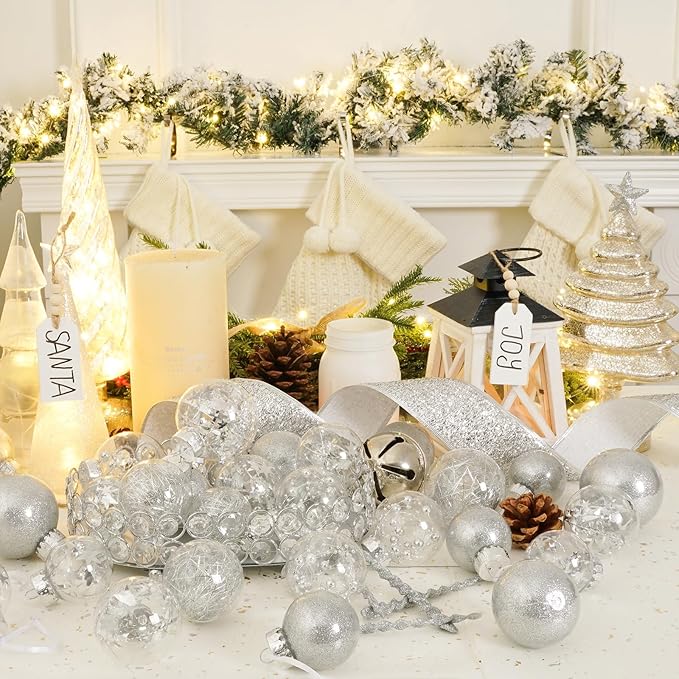 XmasExp 32ct Christmas Ball Ornaments Set -Silver Clear Plastic Shatterproof Xmas Tree Ball Decorations Hanging Baubles for Holiday Decor
