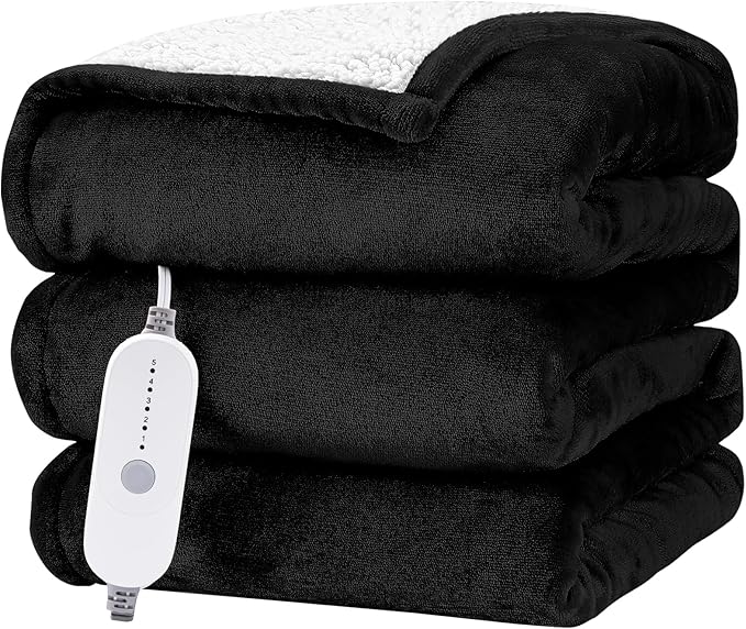 HYLEORY Heated Electric Blanket Twin 62"x84" Soft Fleece & Flannel with 5 Heating Levels & 10 Hours Timer Auto Shutt Off, ETL Certified, Washable，Heated Blanket for Body-Black