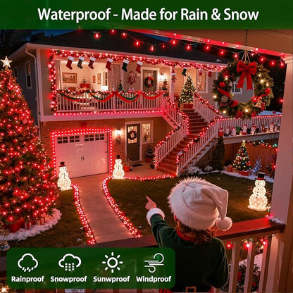 300LED Christmas Lights Outdoor Indoor Use, 12 Lighting Modes 75ft Christmas Tree Lights with Timer, Dimmable Plug in Red LED StringLights Waterproof for Yard Tree Wedding Party Holiday Red