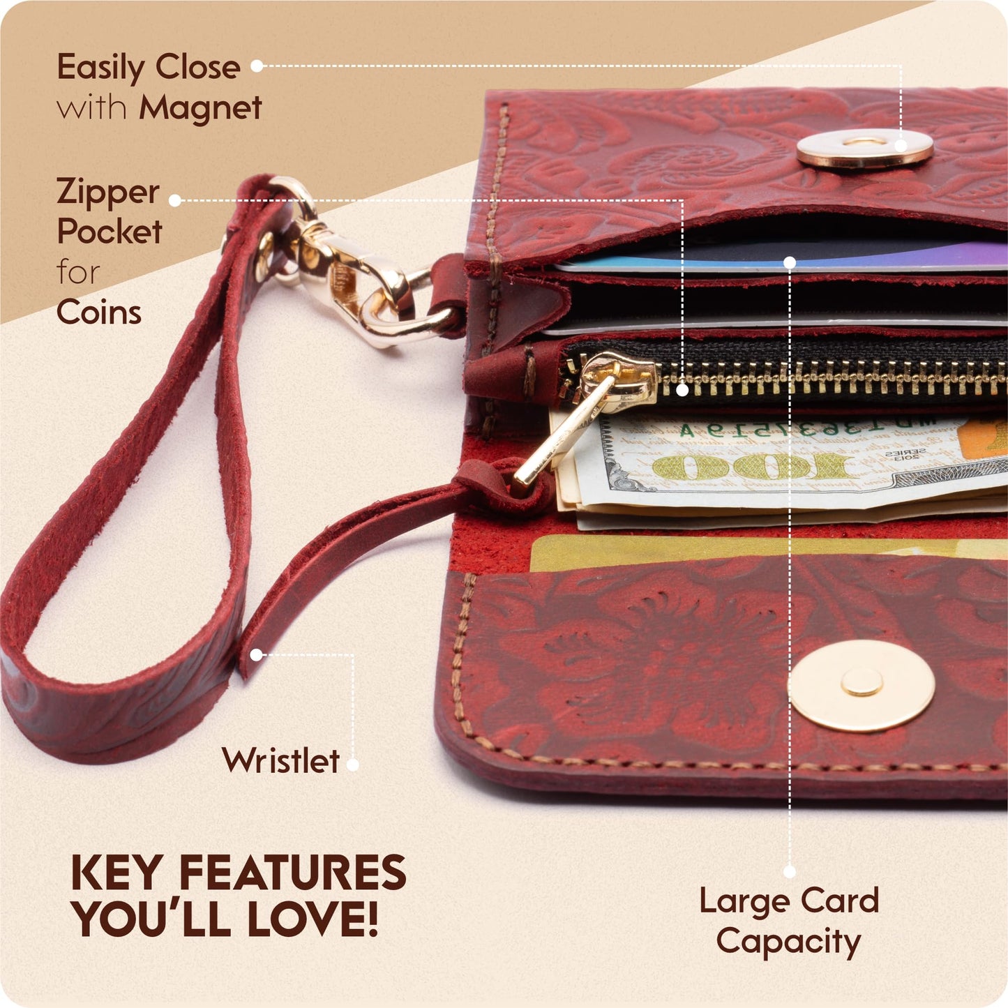 Toros Craft Handmade Wristlet Wallets for Women, Western Leather Small Credit Card Holder with Zipper, Minimalist & Cute Coin Pouch, Genuine Leather, Red