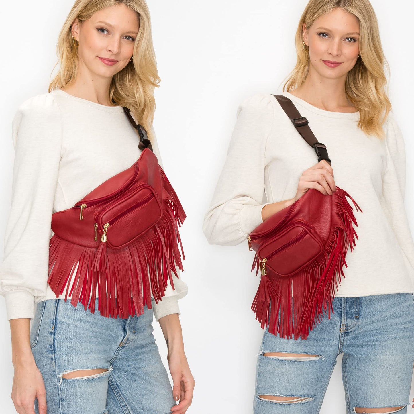 Solene Fringe Waist bag for women with Multi Zipper Pockets - (KL088, Coffee)