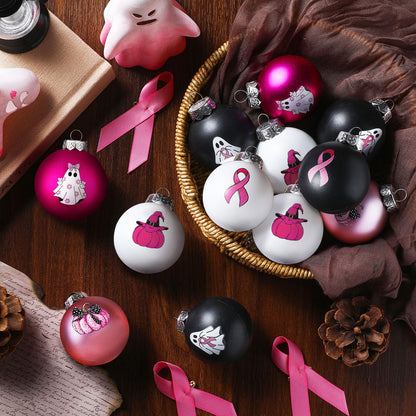 Arrowbash 12 Pcs Breast Cancer Halloween Ornaments 2.4 Inch Pink Ghost Ribbon Ball Decoration October Pink Pumpkin Bulb Ornaments Breast Cancer Awareness Halloween Decoration for Tree Home Party Decor