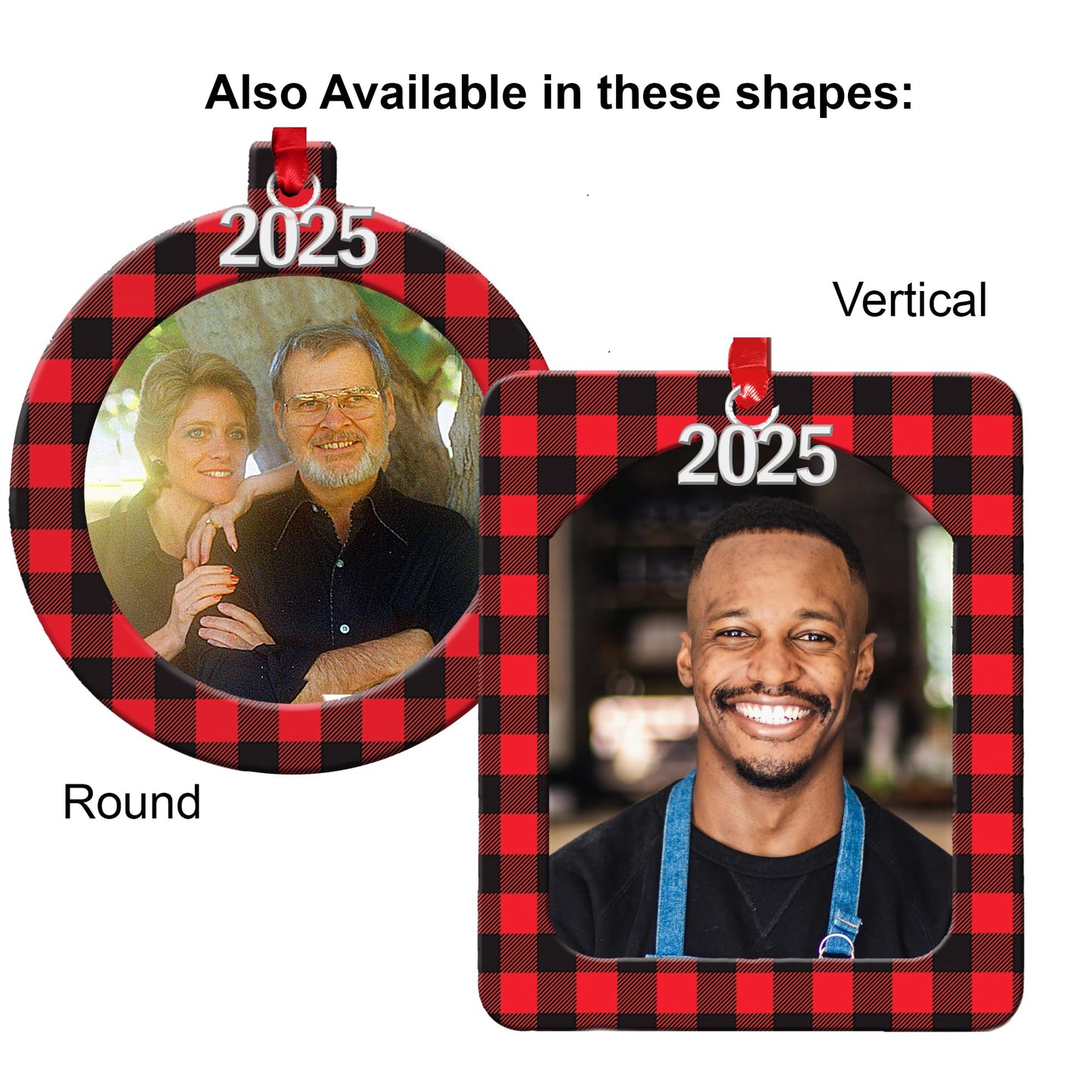 Expressly Yours! Photo Expressions 2025 Photo Ornaments for Christmas Tree, Christmas Picture Frame Ornament, Easy-Load Magnetic Frame with Ribbon, Charm & Photo Protector, Horizontal Buffalo Plaid