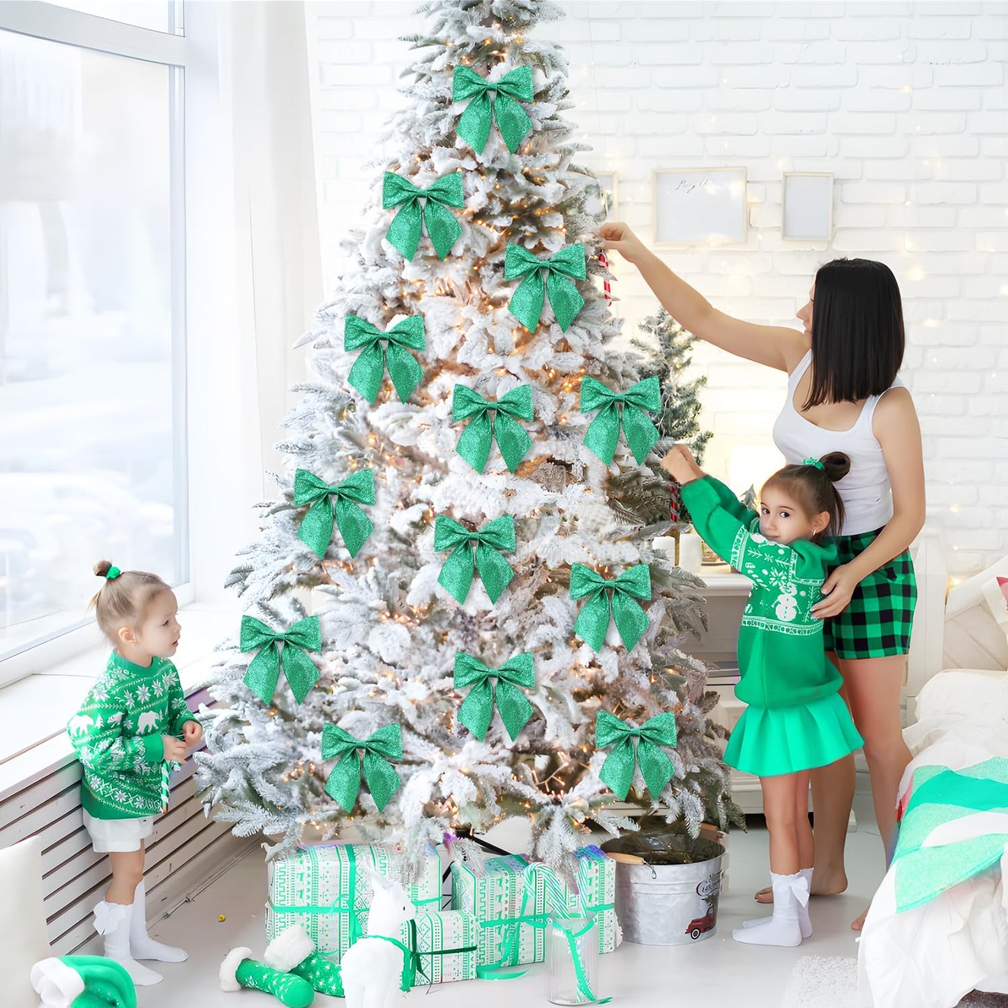 JOICEE 12 Pcs Glitter Ribbon Christmas Bows with Twist Ties,5.5 Inch Premade Metallic Xmas Bows for Christmas Trees Garland Wreath Gift Wrapping Decorations(Green)