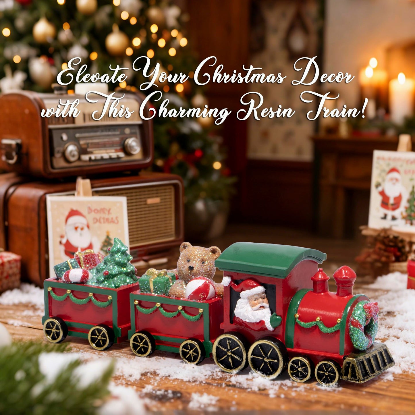 Hodao Christmas Train Decorations – Hand-Painted Resin Santa Claus Gift Train with Teddy Bear, Christmas Tree and Presents, Festive Ornament for Home, Tabletop, Shelf, Mantel, Décor