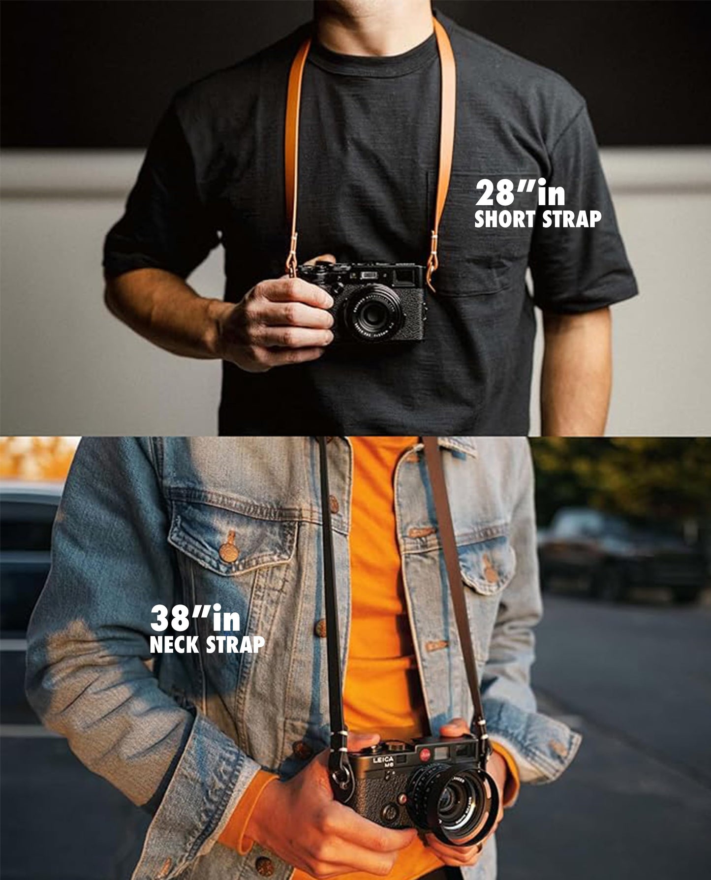 Evergreen Leather Camera Strap – Split Ring, 28 Inch Neck Shoulder Slim, Vintage Modern Design, Hand Stitched, Compatible with Fuji Sony Nikon Leica Canon (Black)