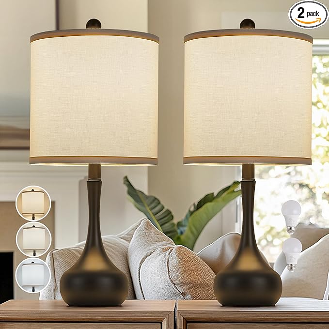 23" Black Metal Modern Table Lamp Set of 2,Farmhouse Bedside Lamps for Living Room, 3 Color Temperature Rustic Table Lamps for Bedroom, Night Stands, Dorm,Office, Home Décor(Bulb Included)