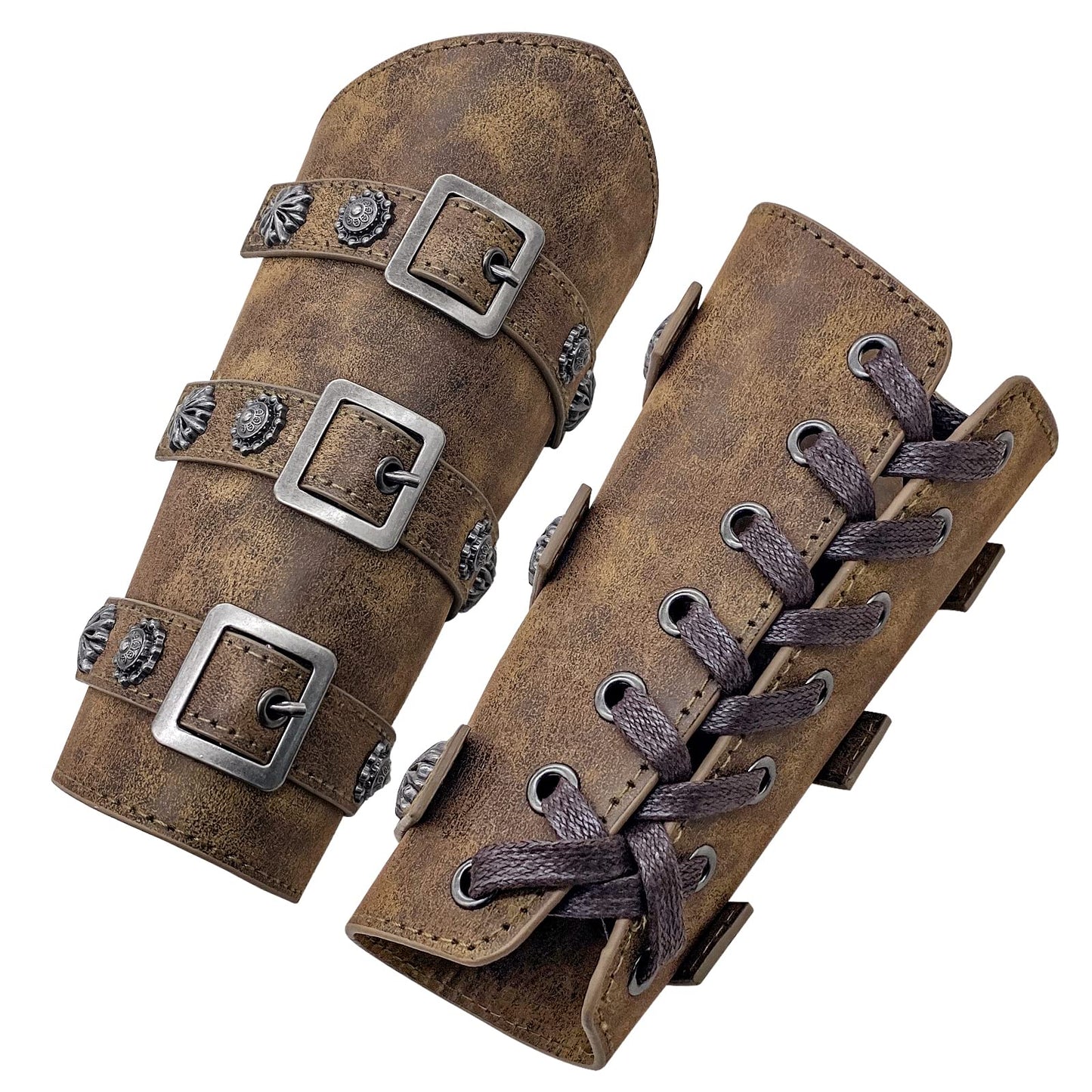 Jeilwiy Leather Gauntlet Wristband Viking Wrist Guards Renaissance Arm Cuffs Archery Bracers Leather Armband Wrist Armor Viking Faux Leather Arm Bracers Brown Bracers for Men Women