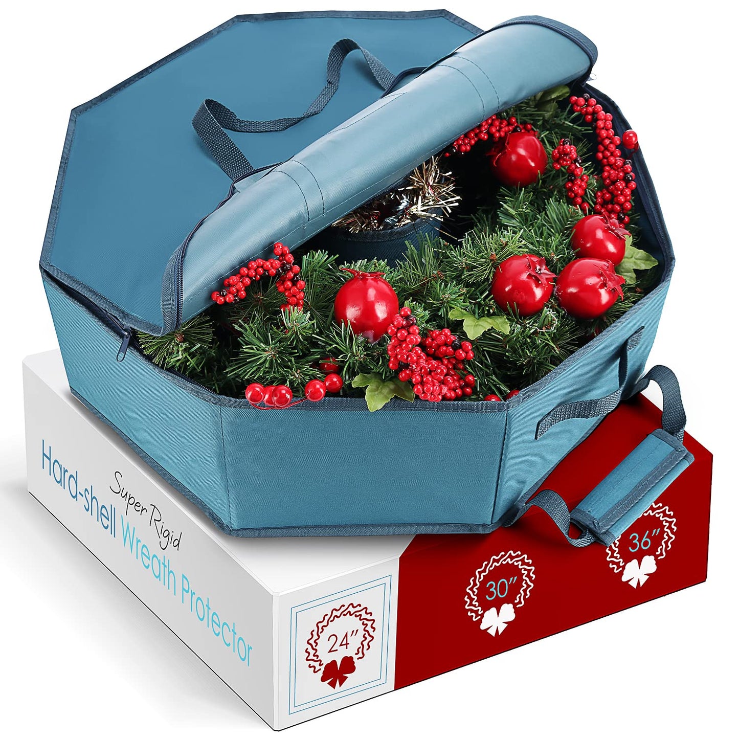 Wreath Storage Container - Hard Shell Christmas Wreath Storage Bag with Interior Pockets, Dual Zipper and Handles - 24" Premium Wreath Storage Organizer Box by Hearth & Harbor
