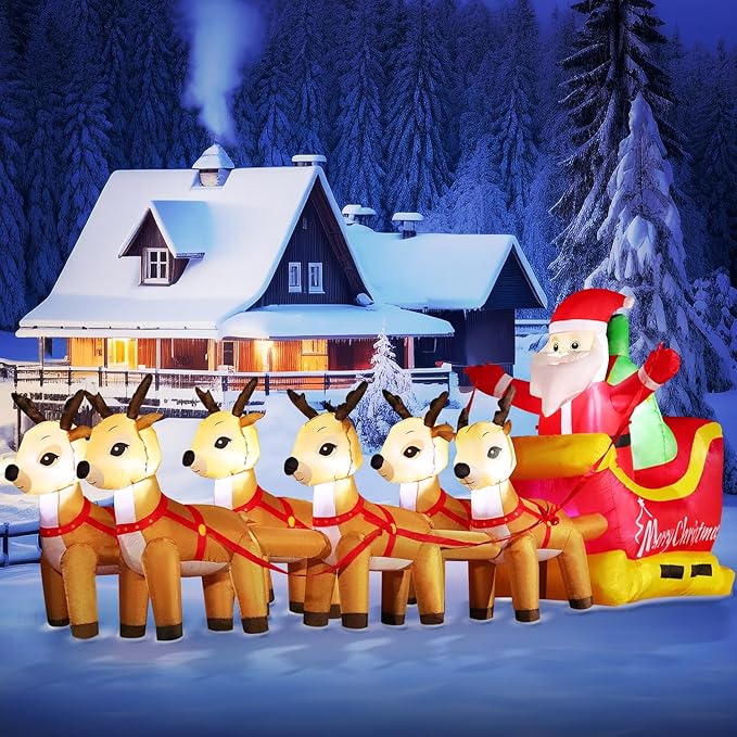 DomKom 13.6 FT Christmas Inflatable Outdoor Santa Claus on Sleigh with Six Reindeer, Building LED Lights, Blow Up Yard Decoration for Party Garden Lawn Winter Decor