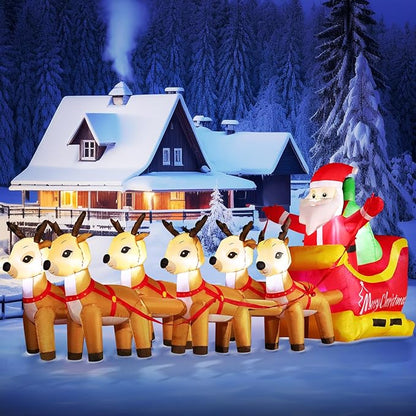 DomKom 13.6 FT Christmas Inflatable Outdoor Santa Claus on Sleigh with Six Reindeer, Building LED Lights, Blow Up Yard Decoration for Party Garden Lawn Winter Decor