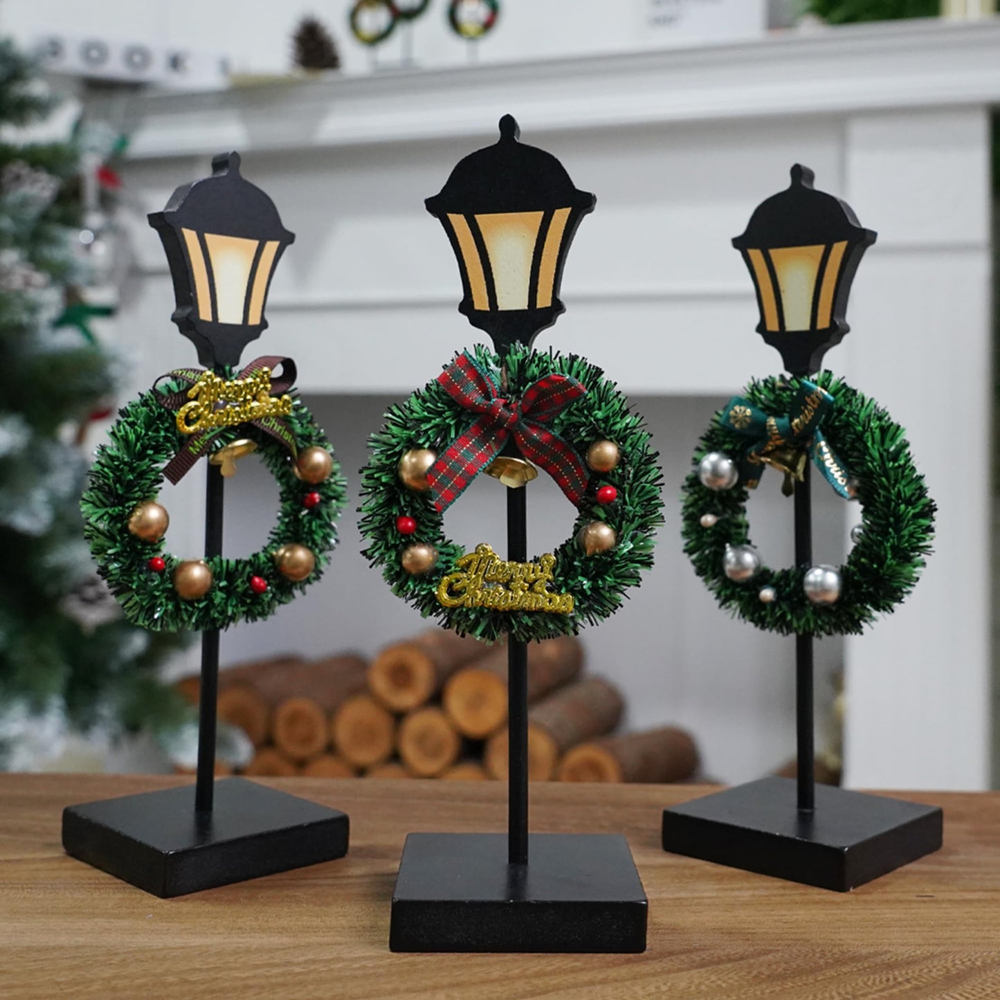 NEROSUN Christmas Table Decorations, 6Pcs Wreath and Lantern Standing Wooden Tabletop Decorations Signs, Merry Christmas Table Toppers for Xmas Home Winter Holiday Party Indoor Decor