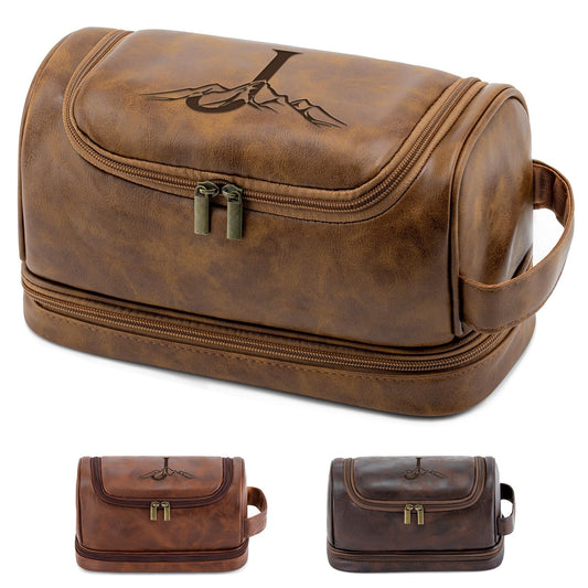 Aganmi Personalized Toiletry Bag Fathers Day Birthday Gifts for Men Dad Husband, Custom Initial Waterproof PU Leather Toiletry Organizer Dopp Kit Shaving Bag Travel Essential for Him Light Brown J