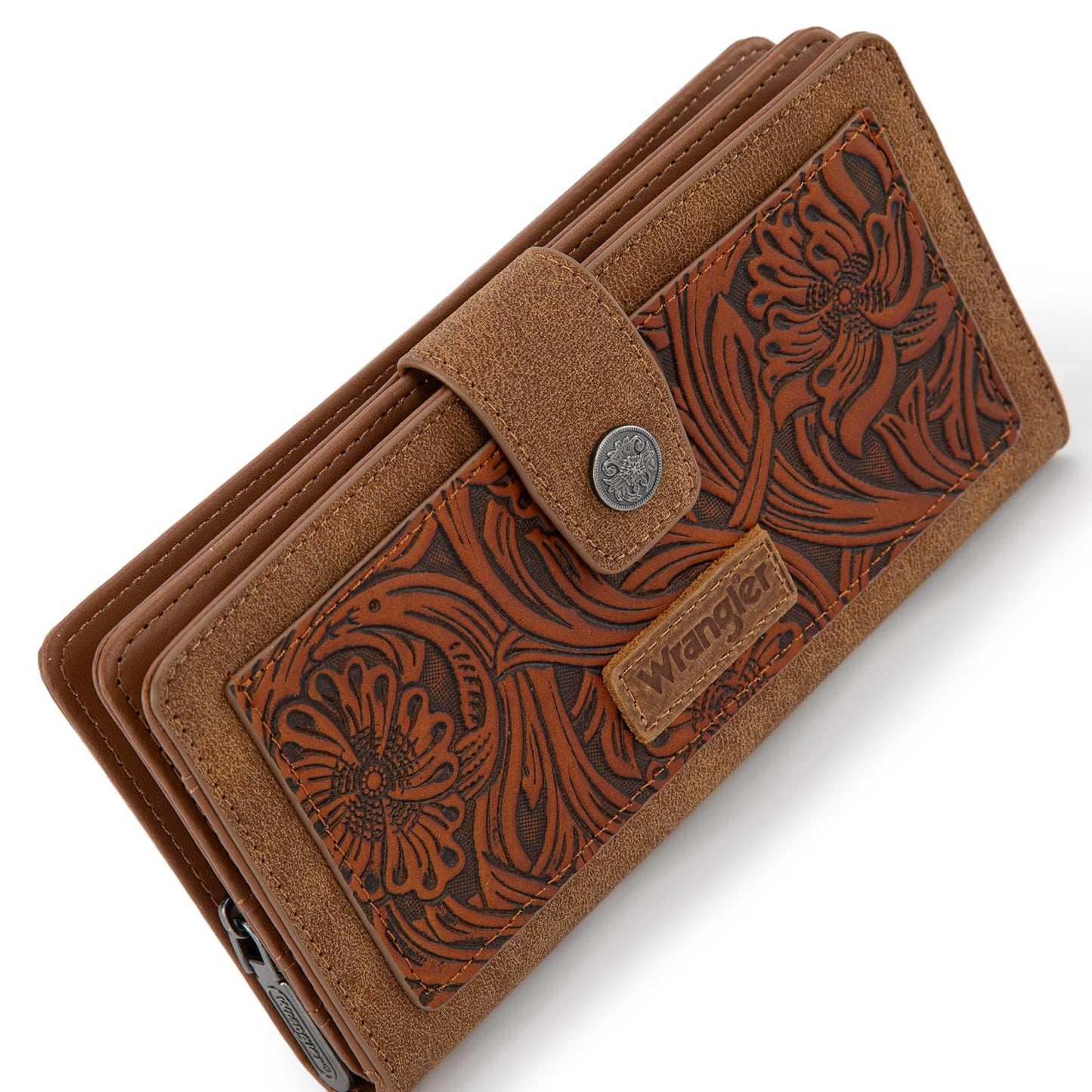 Montana West X Wrangler Brown Wallet for Women Tooling Flower Wallets, Card Cases & Money Organizers Large Capacity Bifold Clutch Wallet Ladies Female Western Phone Cash Wallets with ID Window