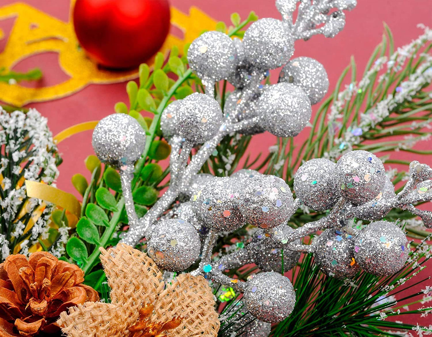 Kubert 15 Pack Christmas Glitter Berries Stems, 8 Inch Artificial Christmas Picks for Christmas Tree Ornaments, DIY Xmas Wreath, Crafts, Holiday and Home Decor (Blue)