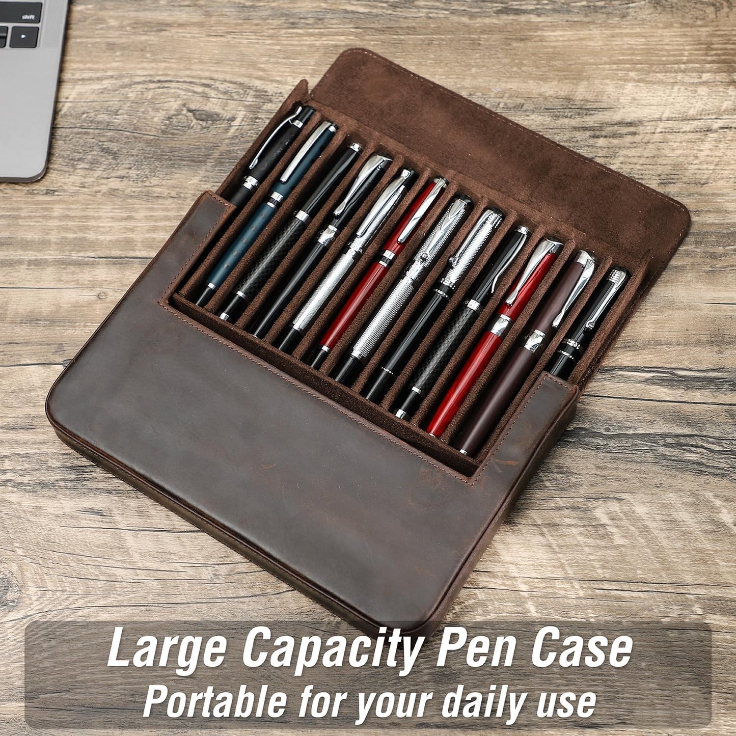 UPRESYE Leather Fountain Pen Case Collector Organizer, Pencil Case Handmade Pen Protective Sleeve (Magnetic 12 slots)