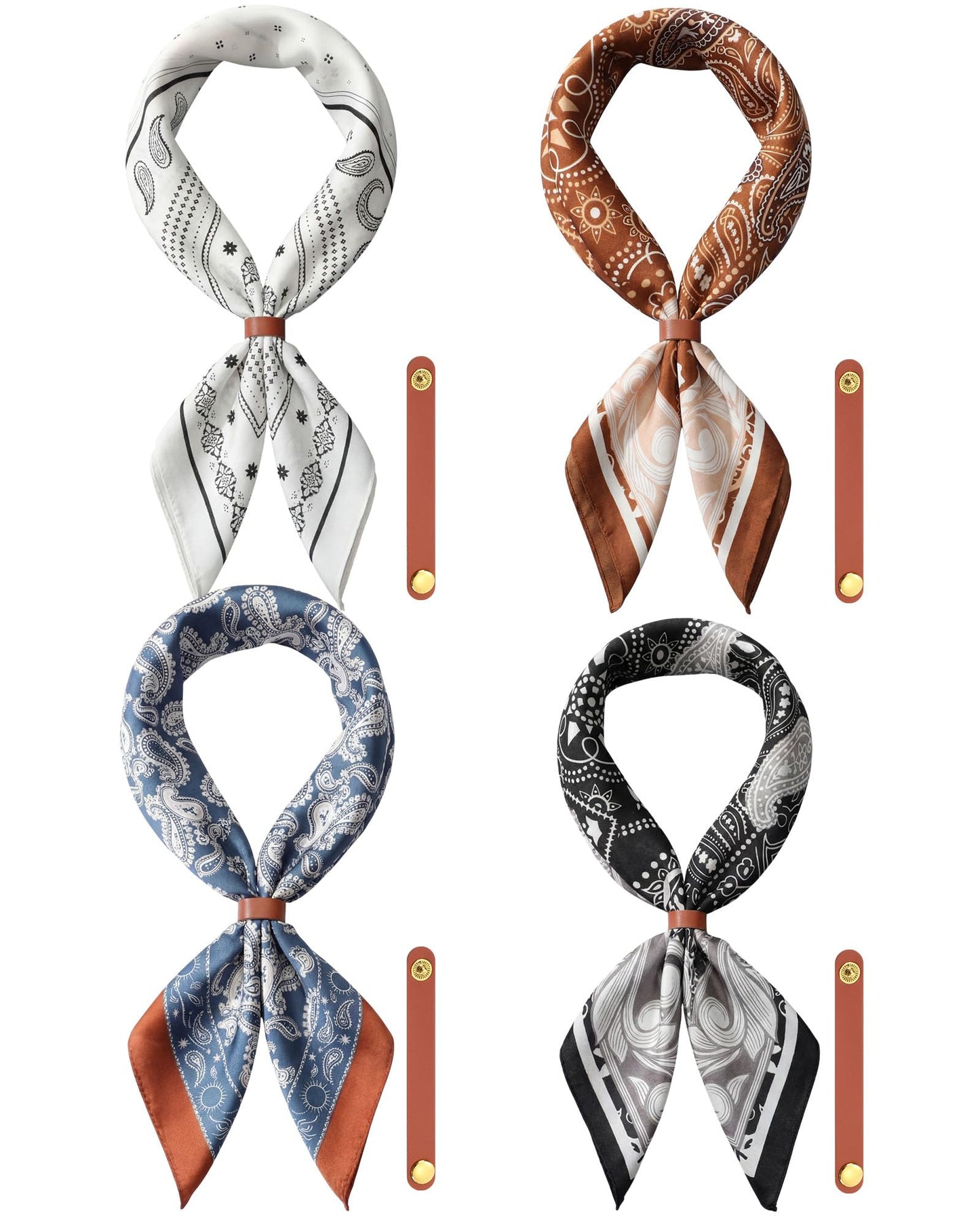 Cuffbow 4 Pcs Square Silk Feeling Neck Scarf for Men with Leather Ring Pocket Square Cowboy Scarf Necktie Silk Head Bandanas(Paisley)