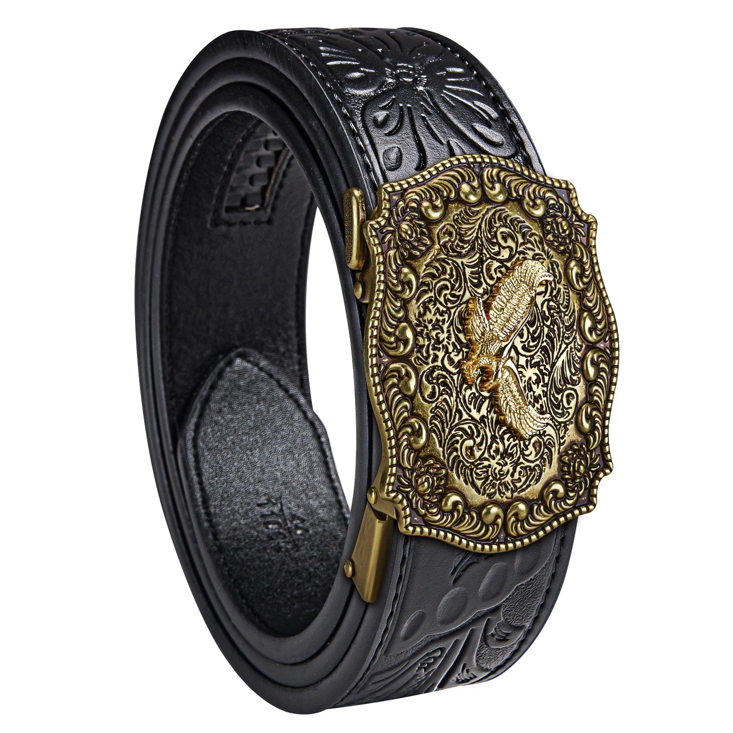 Dubulle Mens Western Belt Ratchet Belts Copper Eagle Automatic Buckle Black Genuine Leather Strap for Jeans Dress