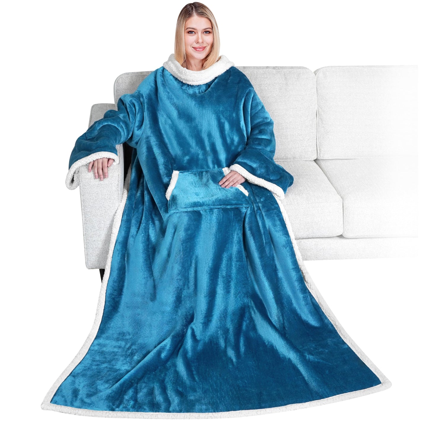 PAVILIA Sherpa Wearable Blanket with Sleeves and Pocket, Plush Thick Cozy Body Blanket Wrap for Adult Women Men, Christmas Gift for Wife Mom, Teal Blue